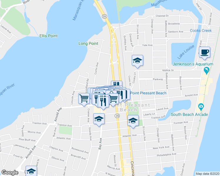 map of restaurants, bars, coffee shops, grocery stores, and more near 606 McLean Avenue in Point Pleasant Beach