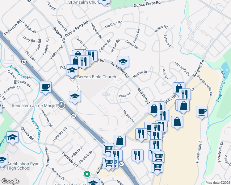 map of restaurants, bars, coffee shops, grocery stores, and more near 12536 Nanton Drive in Philadelphia