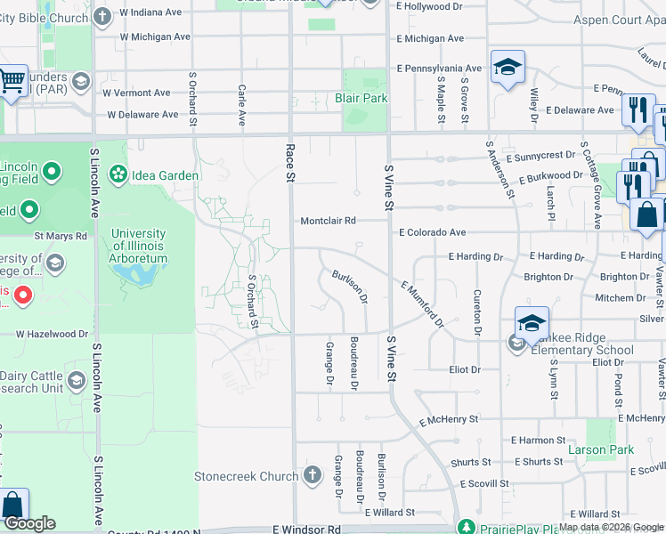 map of restaurants, bars, coffee shops, grocery stores, and more near 2006 Burlison Drive in Urbana