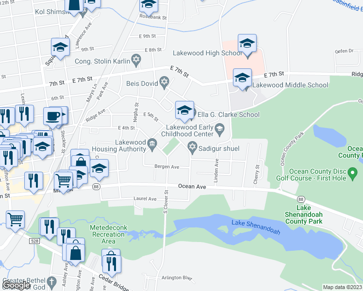 map of restaurants, bars, coffee shops, grocery stores, and more near 425 School Garden Street in Lakewood