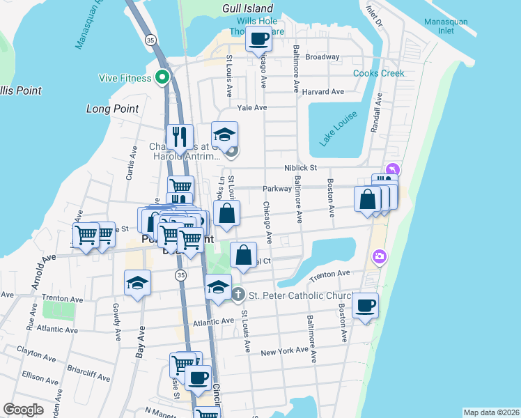 map of restaurants, bars, coffee shops, grocery stores, and more near 301 Central Avenue in Point Pleasant Beach