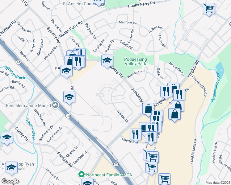 map of restaurants, bars, coffee shops, grocery stores, and more near 12557 Deer Run Place in Philadelphia
