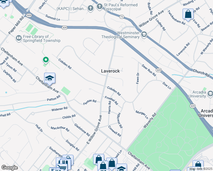 map of restaurants, bars, coffee shops, grocery stores, and more near 1700 East Willow Grove Avenue in Glenside