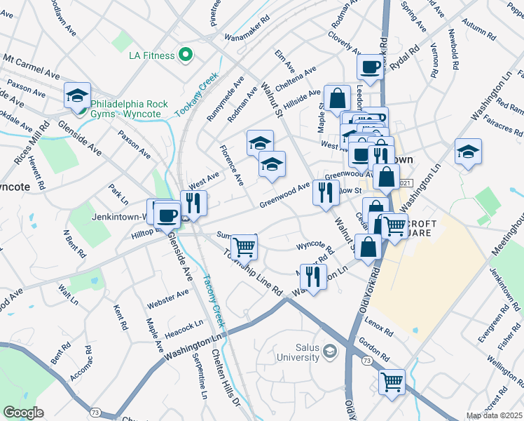 map of restaurants, bars, coffee shops, grocery stores, and more near 206 Greenwood Avenue in Jenkintown