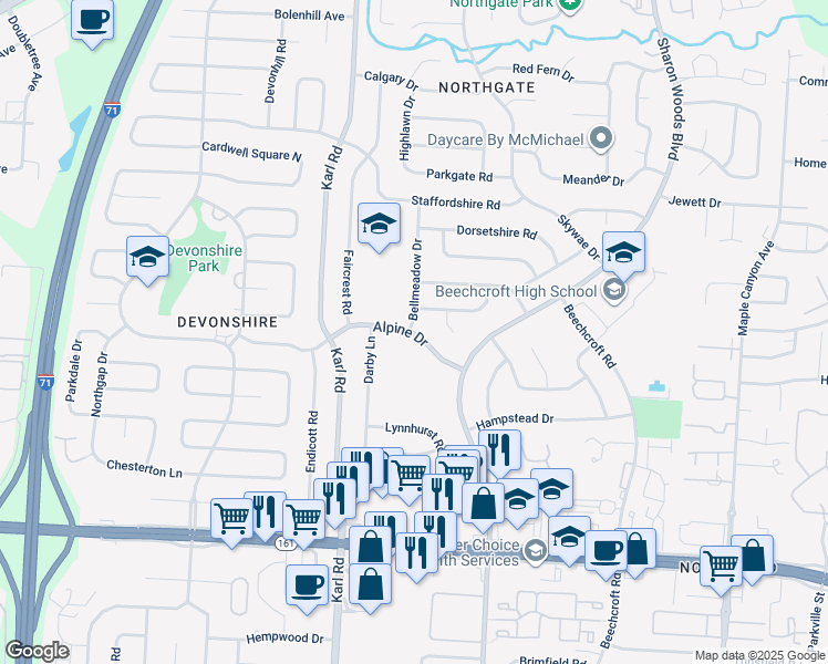 map of restaurants, bars, coffee shops, grocery stores, and more near 1700 Alpine Drive in Columbus