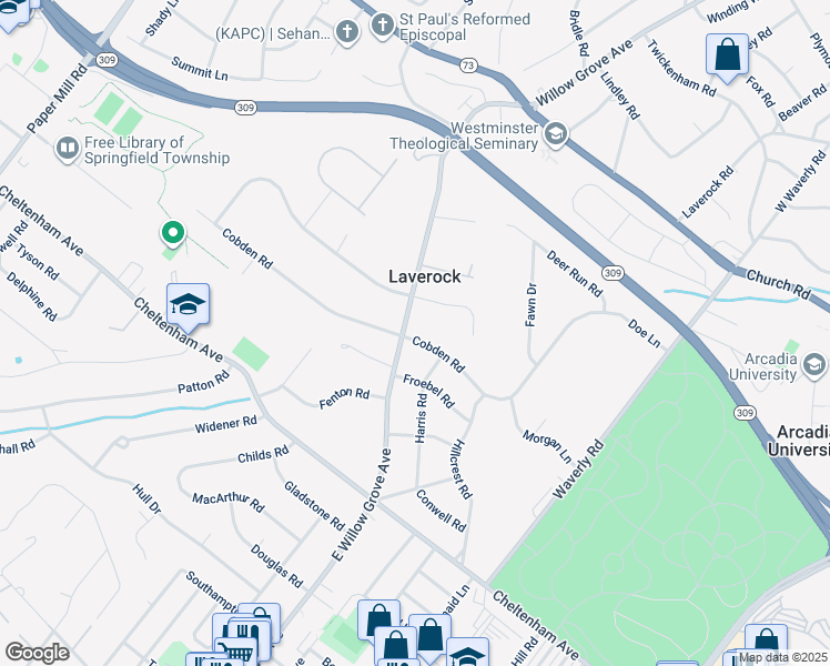map of restaurants, bars, coffee shops, grocery stores, and more near 1700 East Willow Grove Avenue in Glenside