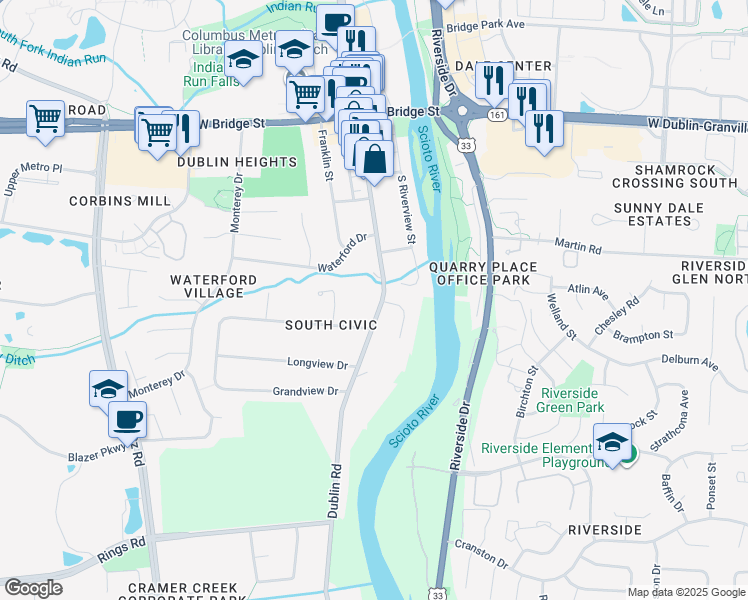 map of restaurants, bars, coffee shops, grocery stores, and more near 6165 Dublin Road in Dublin
