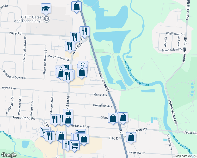 map of restaurants, bars, coffee shops, grocery stores, and more near 1290 Hillview Cir E in Newark