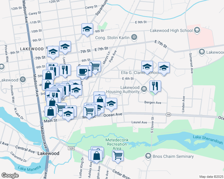 map of restaurants, bars, coffee shops, grocery stores, and more near 115 Woehr Avenue in Lakewood