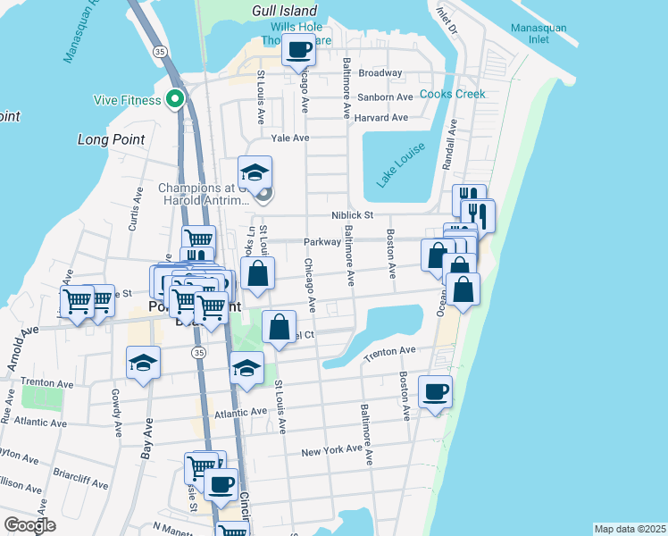 map of restaurants, bars, coffee shops, grocery stores, and more near 207 Central Avenue in Point Pleasant Beach