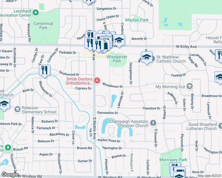 map of restaurants, bars, coffee shops, grocery stores, and more near 1629 Broadmoor Drive in Champaign
