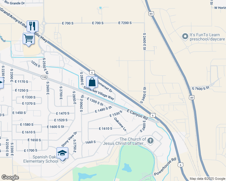 map of restaurants, bars, coffee shops, grocery stores, and more near 3095 East Somerset Drive in Spanish Fork