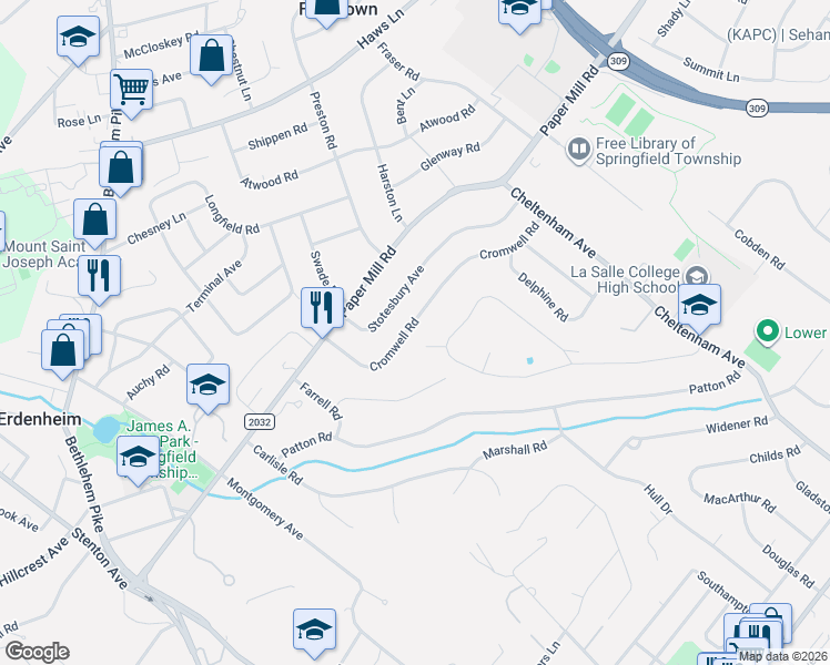 map of restaurants, bars, coffee shops, grocery stores, and more near 1108 Cromwell Road in Wyndmoor