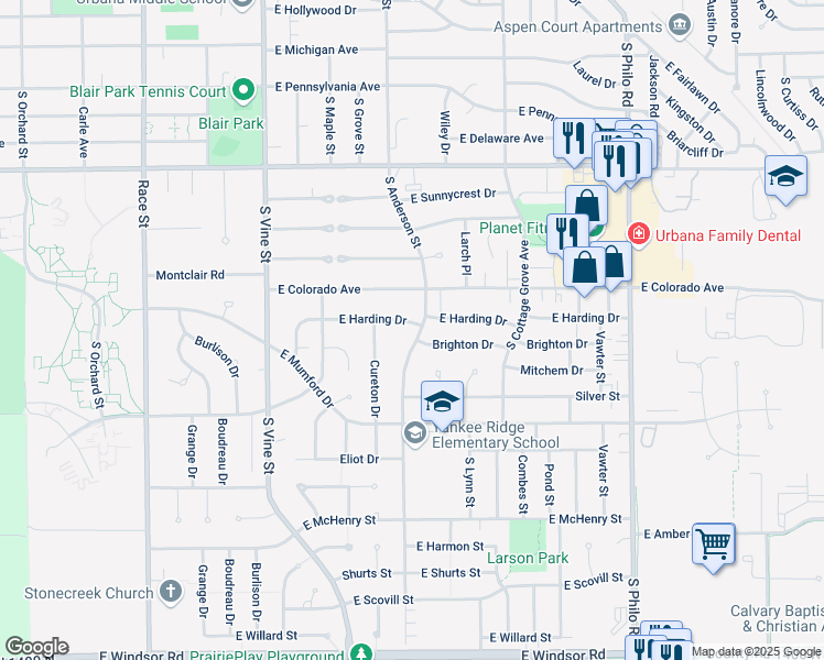 map of restaurants, bars, coffee shops, grocery stores, and more near 615 East Harding Drive in Urbana