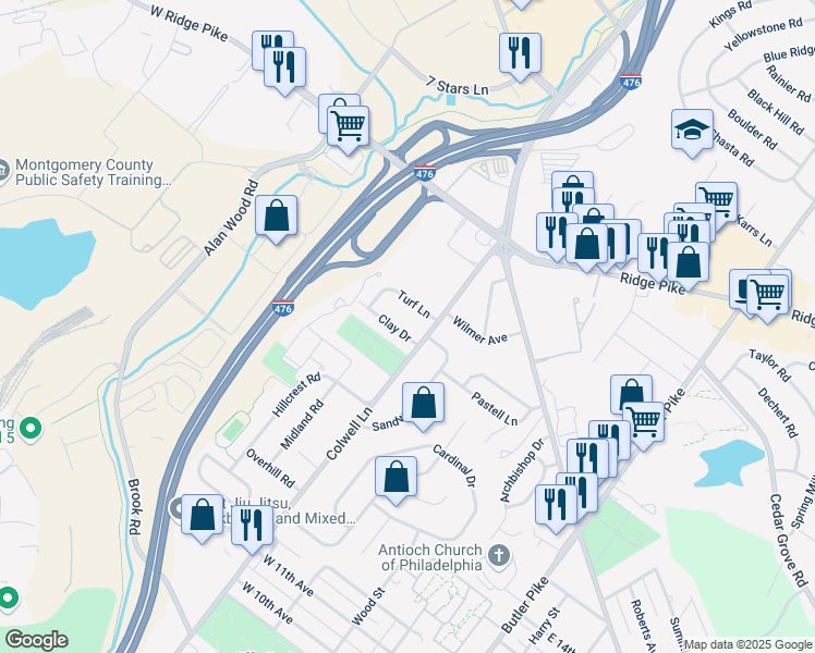 map of restaurants, bars, coffee shops, grocery stores, and more near 604 Clay Drive in Conshohocken