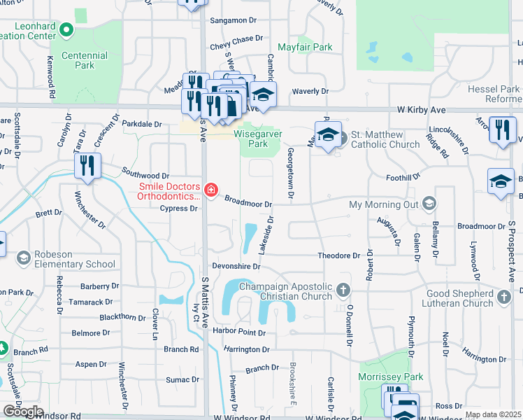 map of restaurants, bars, coffee shops, grocery stores, and more near 1629 Broadmoor Drive in Champaign