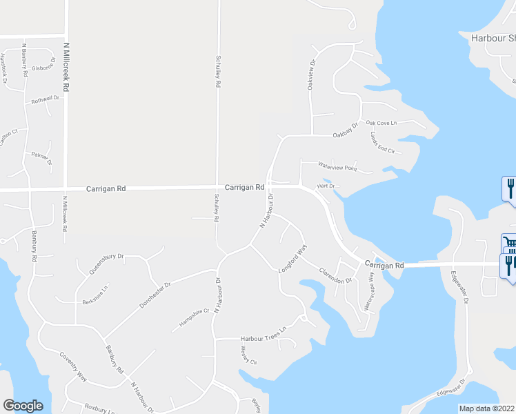 map of restaurants, bars, coffee shops, grocery stores, and more near 2449 North Harbour Drive in Noblesville