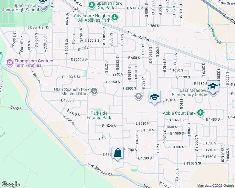 map of restaurants, bars, coffee shops, grocery stores, and more near 1231 S 1340 E in Spanish Fork