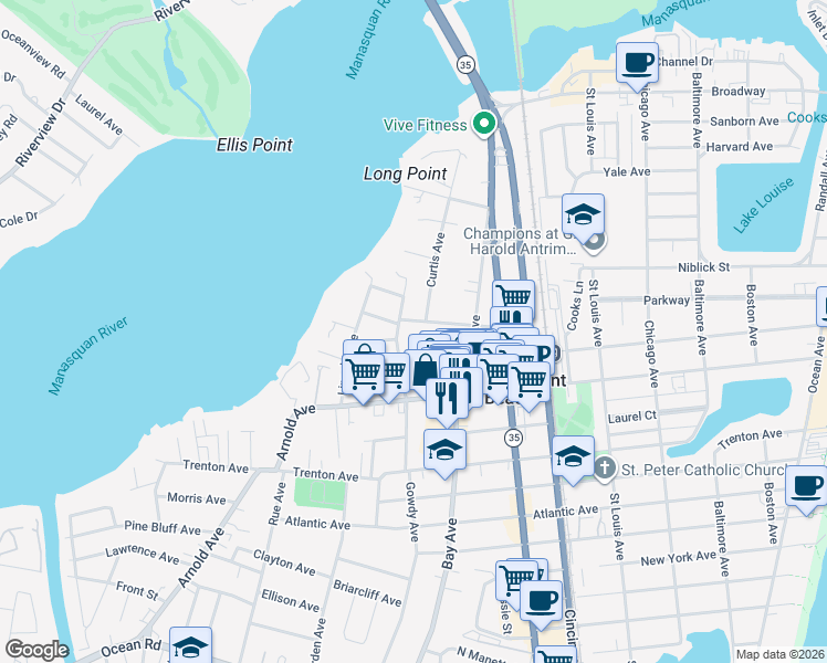 map of restaurants, bars, coffee shops, grocery stores, and more near 722 McLean Ave in Point Pleasant Beach