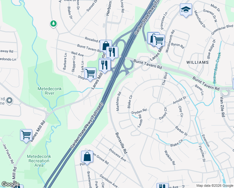 map of restaurants, bars, coffee shops, grocery stores, and more near 47 Markham Road in Brick Township