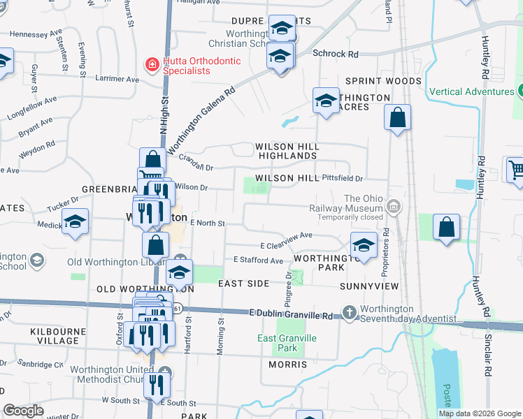 map of restaurants, bars, coffee shops, grocery stores, and more near 223 East North Street in Worthington