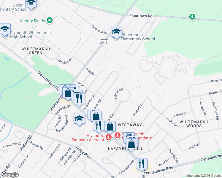map of restaurants, bars, coffee shops, grocery stores, and more near 4039 South Warner Road in Lafayette Hill