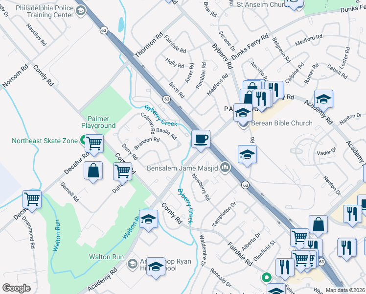map of restaurants, bars, coffee shops, grocery stores, and more near 11862 Basile Road in Philadelphia