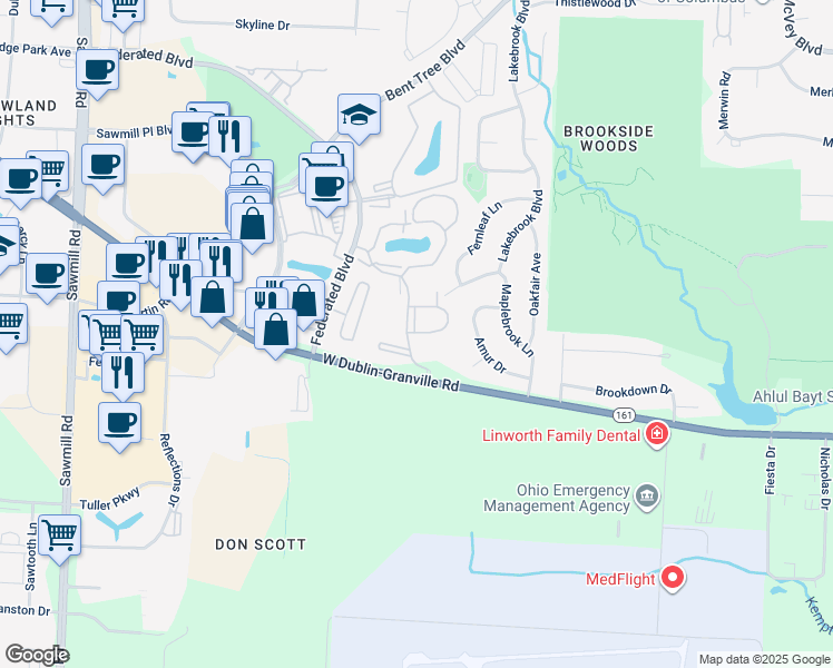 map of restaurants, bars, coffee shops, grocery stores, and more near 2397 Meadow Village Drive in Columbus