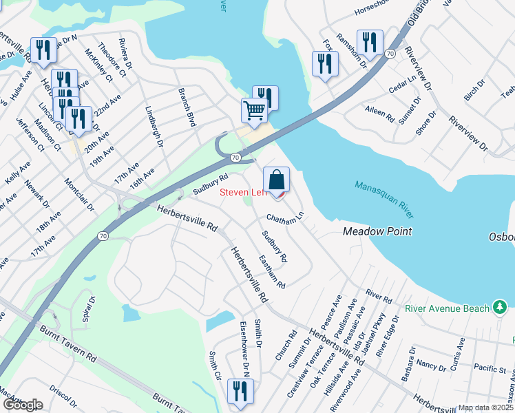 map of restaurants, bars, coffee shops, grocery stores, and more near 292 Sudbury Road in Point Pleasant Beach