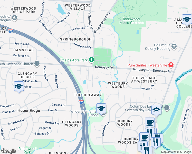 map of restaurants, bars, coffee shops, grocery stores, and more near 1345 Spring Brook Court in Westerville