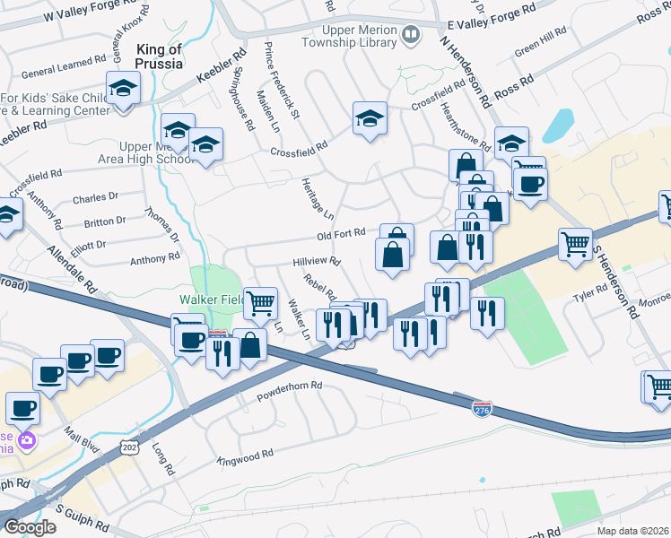 map of restaurants, bars, coffee shops, grocery stores, and more near 159 Hillview Road in King of Prussia