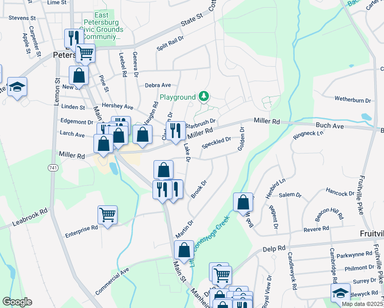 map of restaurants, bars, coffee shops, grocery stores, and more near 2501 Golden Drive in East Petersburg
