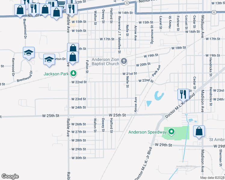 map of restaurants, bars, coffee shops, grocery stores, and more near 2216 Halford Street in Anderson