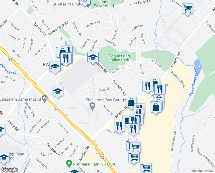 map of restaurants, bars, coffee shops, grocery stores, and more near 3739 Vader Drive in Philadelphia
