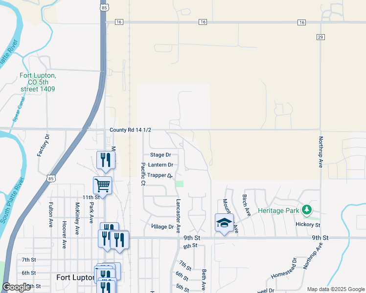 map of restaurants, bars, coffee shops, grocery stores, and more near 1312 Lancaster Avenue in Fort Lupton