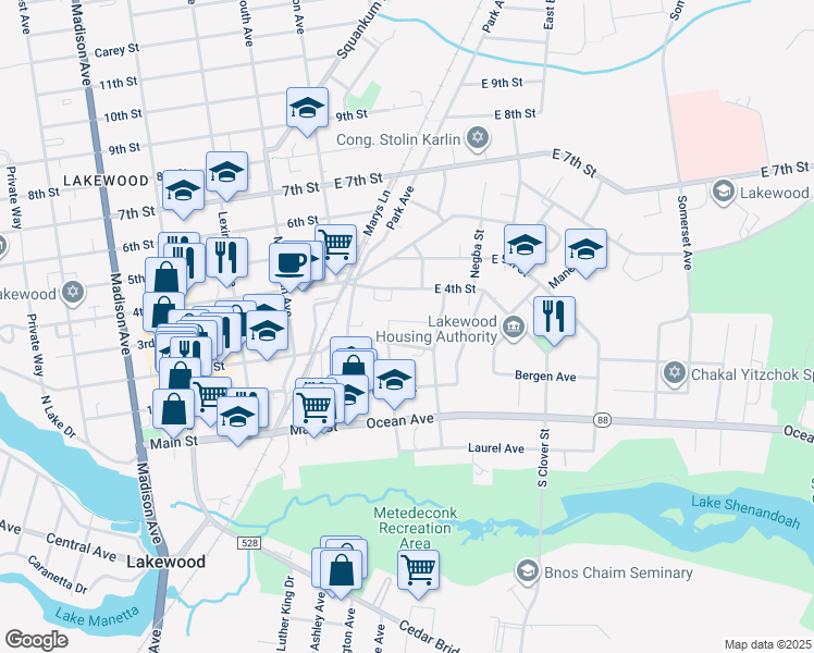 map of restaurants, bars, coffee shops, grocery stores, and more near 115 Woehr Avenue in Lakewood