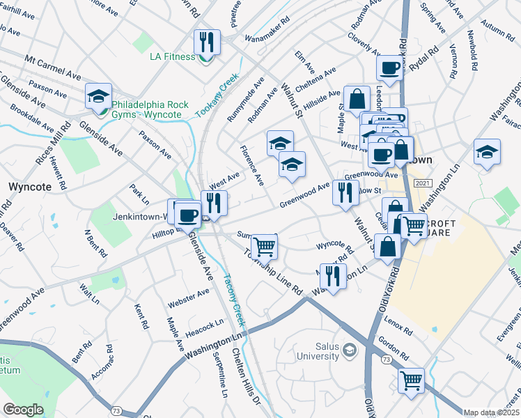 map of restaurants, bars, coffee shops, grocery stores, and more near 137 Greenwood Avenue in Jenkintown