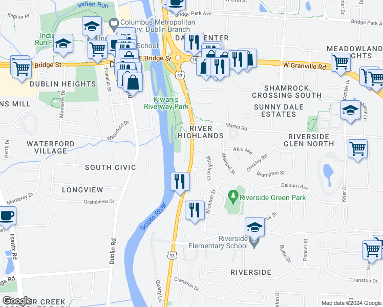 map of restaurants, bars, coffee shops, grocery stores, and more near 6170 Riverside Drive in Dublin