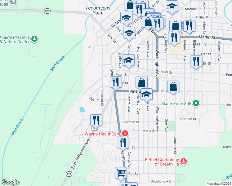 map of restaurants, bars, coffee shops, grocery stores, and more near 500 Sweitzer Street in Greenville