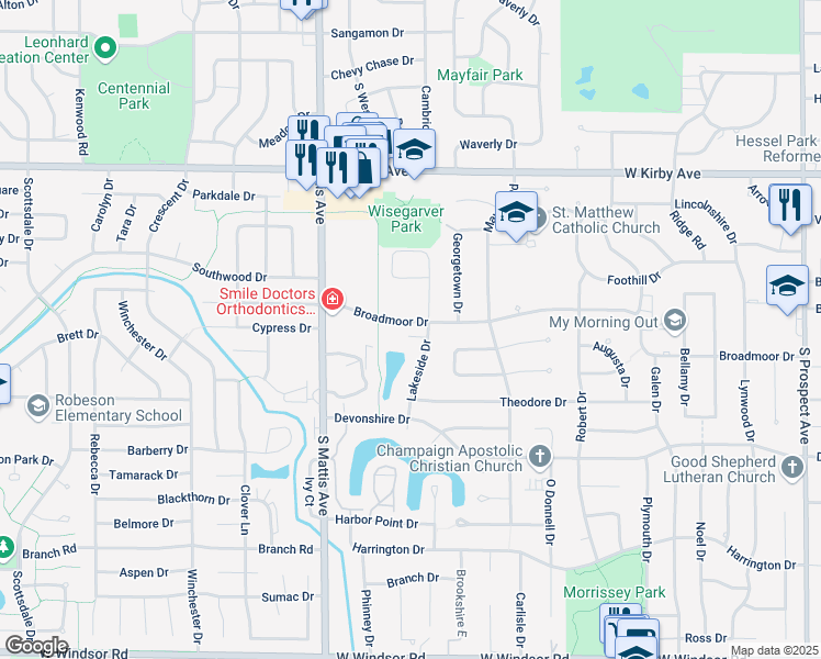 map of restaurants, bars, coffee shops, grocery stores, and more near 1629 Broadmoor Drive in Champaign