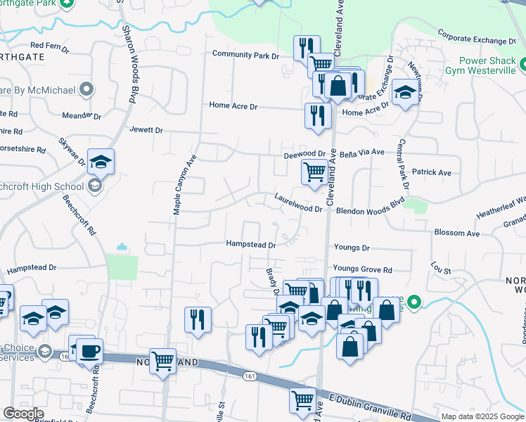 map of restaurants, bars, coffee shops, grocery stores, and more near 6072 Hampstead Drive in Columbus