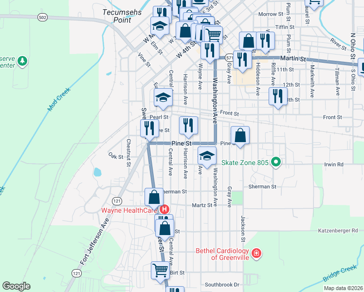 map of restaurants, bars, coffee shops, grocery stores, and more near 500 Harrison Avenue in Greenville