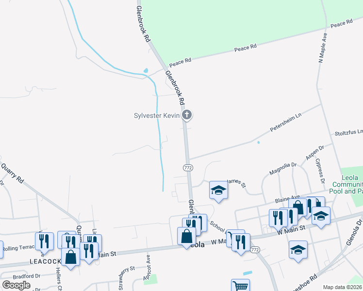map of restaurants, bars, coffee shops, grocery stores, and more near 65 Glenbrook Road in Leacock-Leola-Bareville