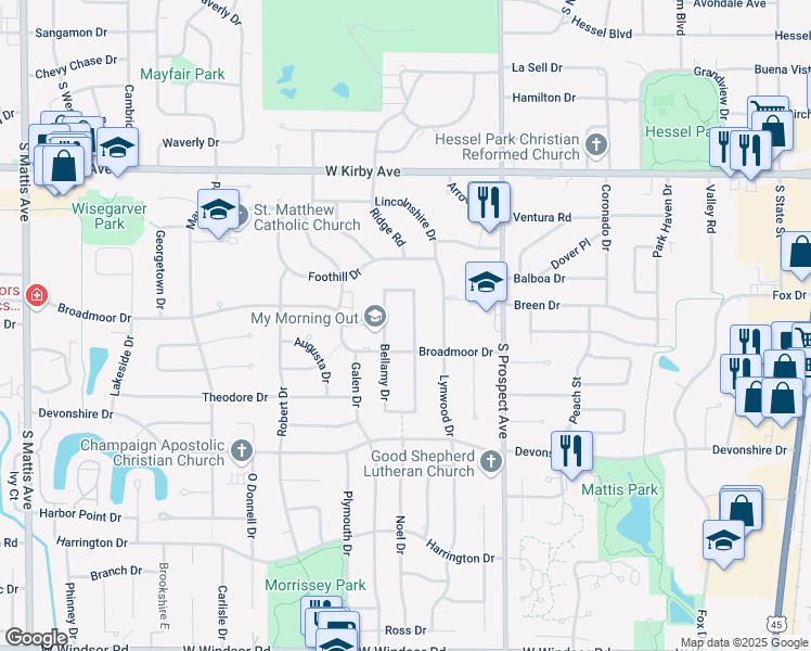 map of restaurants, bars, coffee shops, grocery stores, and more near 1807 Mc Donald Drive in Champaign