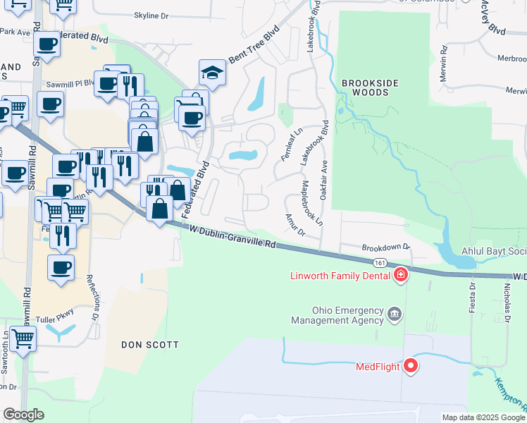 map of restaurants, bars, coffee shops, grocery stores, and more near 38 Meadow Village Drive in Columbus