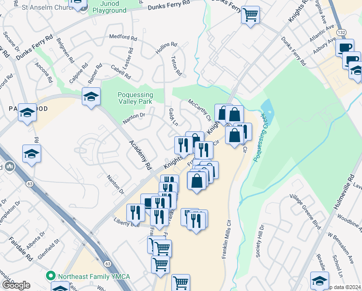 map of restaurants, bars, coffee shops, grocery stores, and more near 12737 Verda Drive in Philadelphia