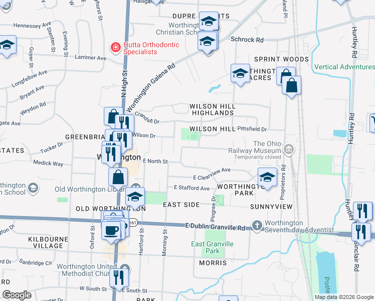 map of restaurants, bars, coffee shops, grocery stores, and more near 223 East North Street in Worthington
