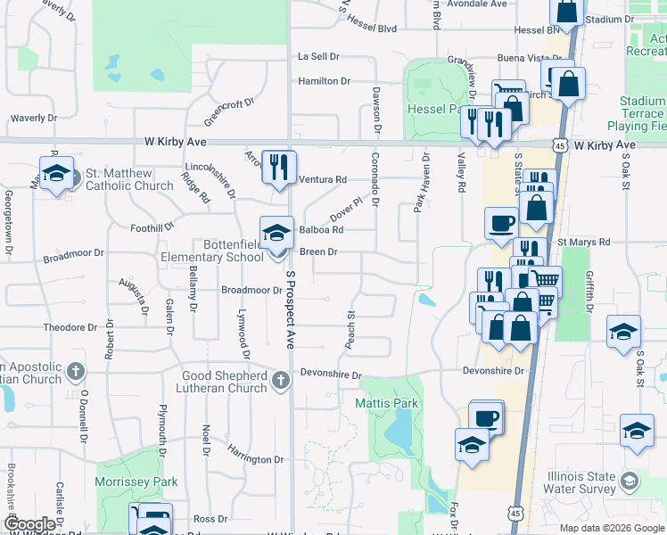 map of restaurants, bars, coffee shops, grocery stores, and more near 802 Richards Lane in Champaign