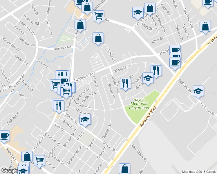 map of restaurants, bars, coffee shops, grocery stores, and more near 9852 Bonner Street in Philadelphia