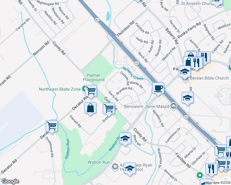 map of restaurants, bars, coffee shops, grocery stores, and more near 11722 Brandon Road in Philadelphia
